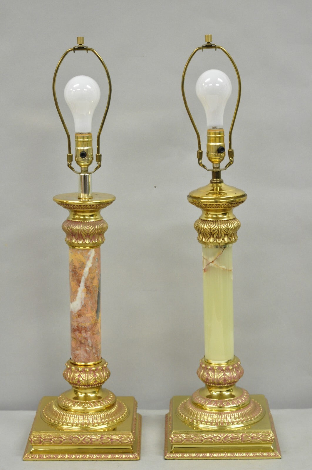 Vintage Hollywood Regency Brass Empire Column Green Pink Gold Table Lamps - Pair