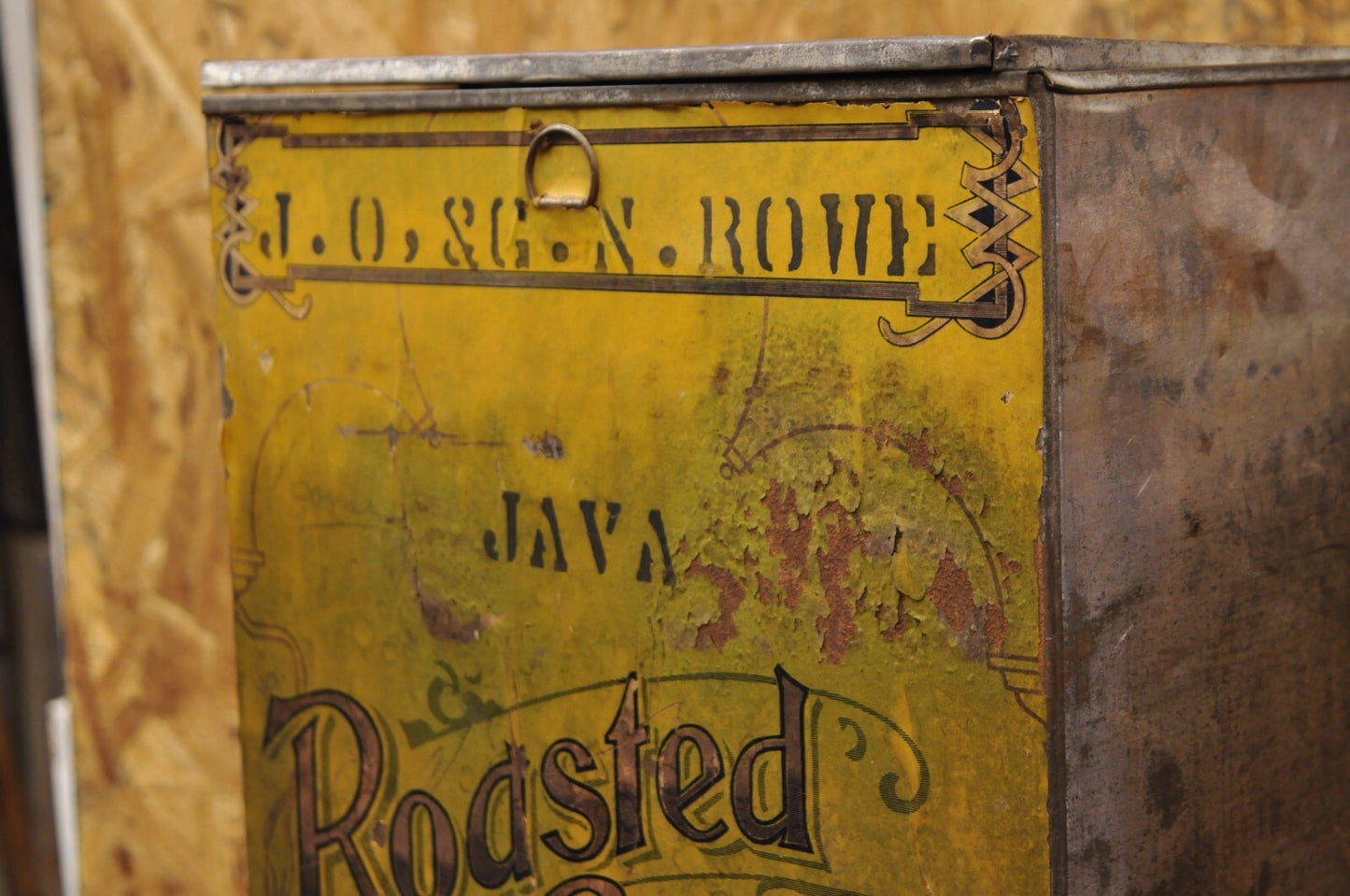Antique J.O. & G.N. Rowe Co Oneonta, NY Yellow Tin Coffee Hopper Store Spice Bin