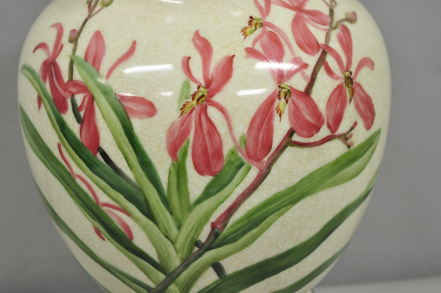 Vintage Art Nouveau Style Pink Flower Painted Porcelain Table Lamp by Wildwood