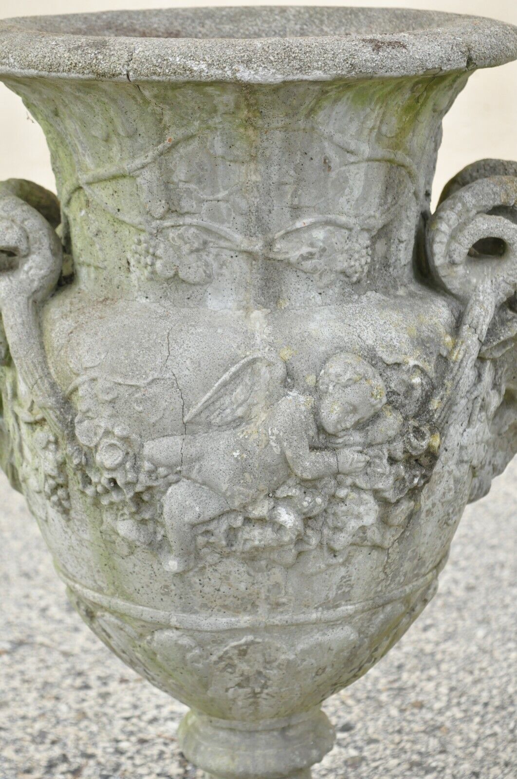 French Neoclassical 28" Concrete Figural Cherub Rams Garden Planters - a Pair