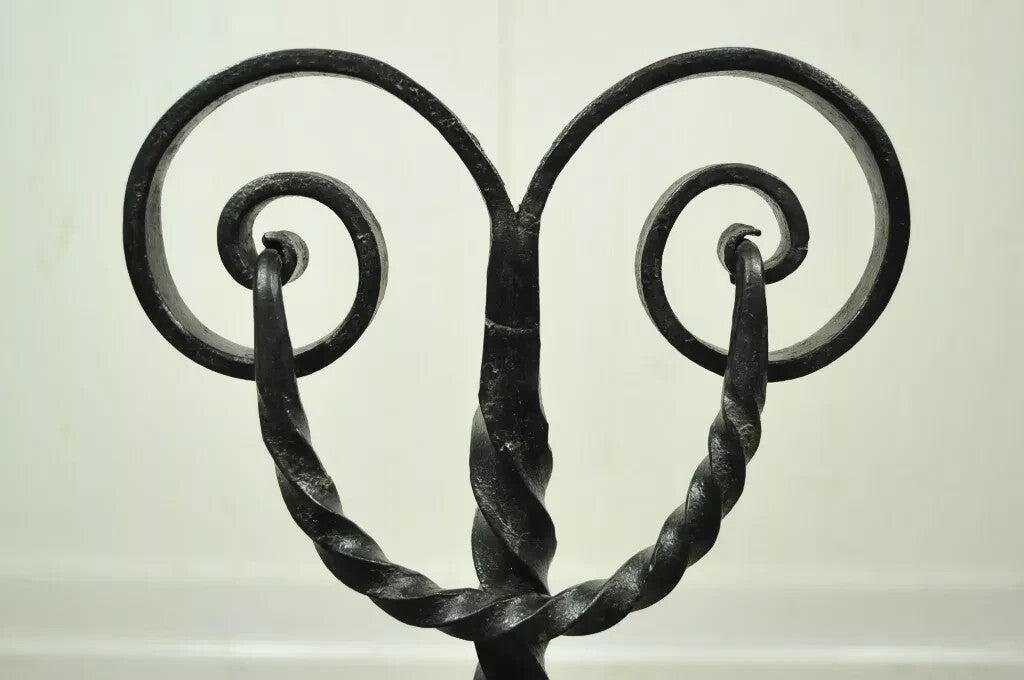 Antique Arts & Crafts Art Nouveau Black Wrought Iron Scrolling Andirons - a Pair