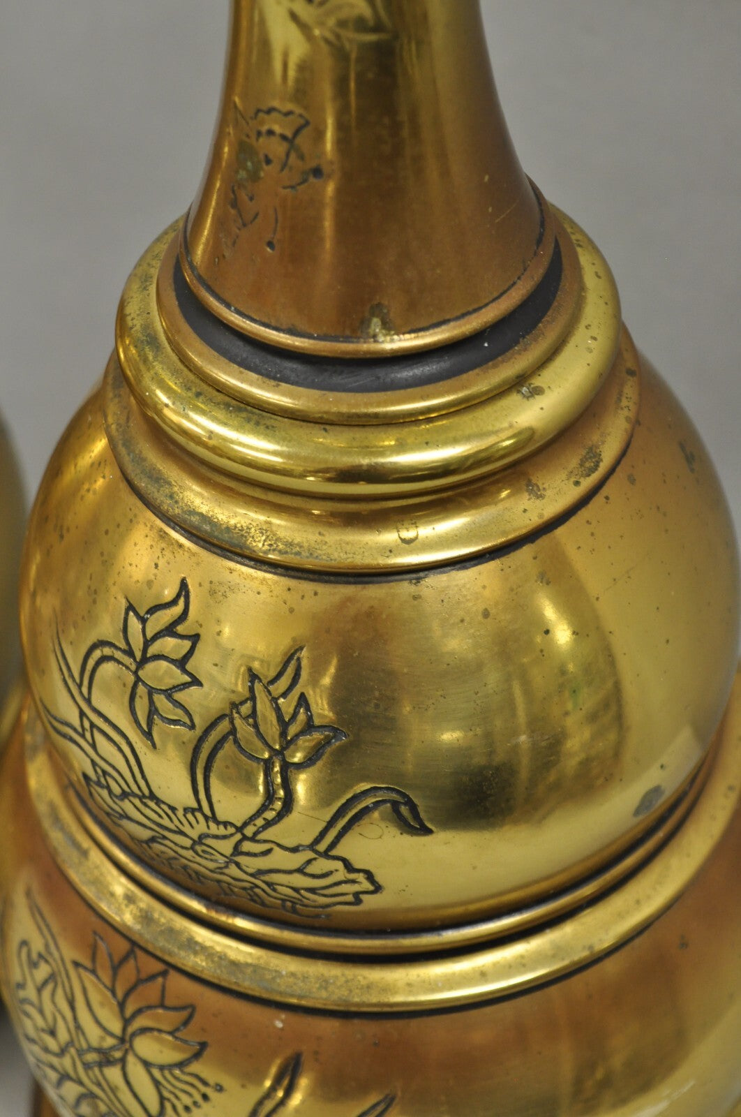 Vintage Chinoiserie Brass Stacked Beehive Table Lamps with Floral Etching - Pair