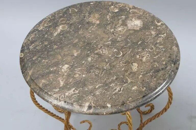 Italian Hollywood Regency Gold Gilt Iron Rope Round Marble Top Low Tables - Pair
