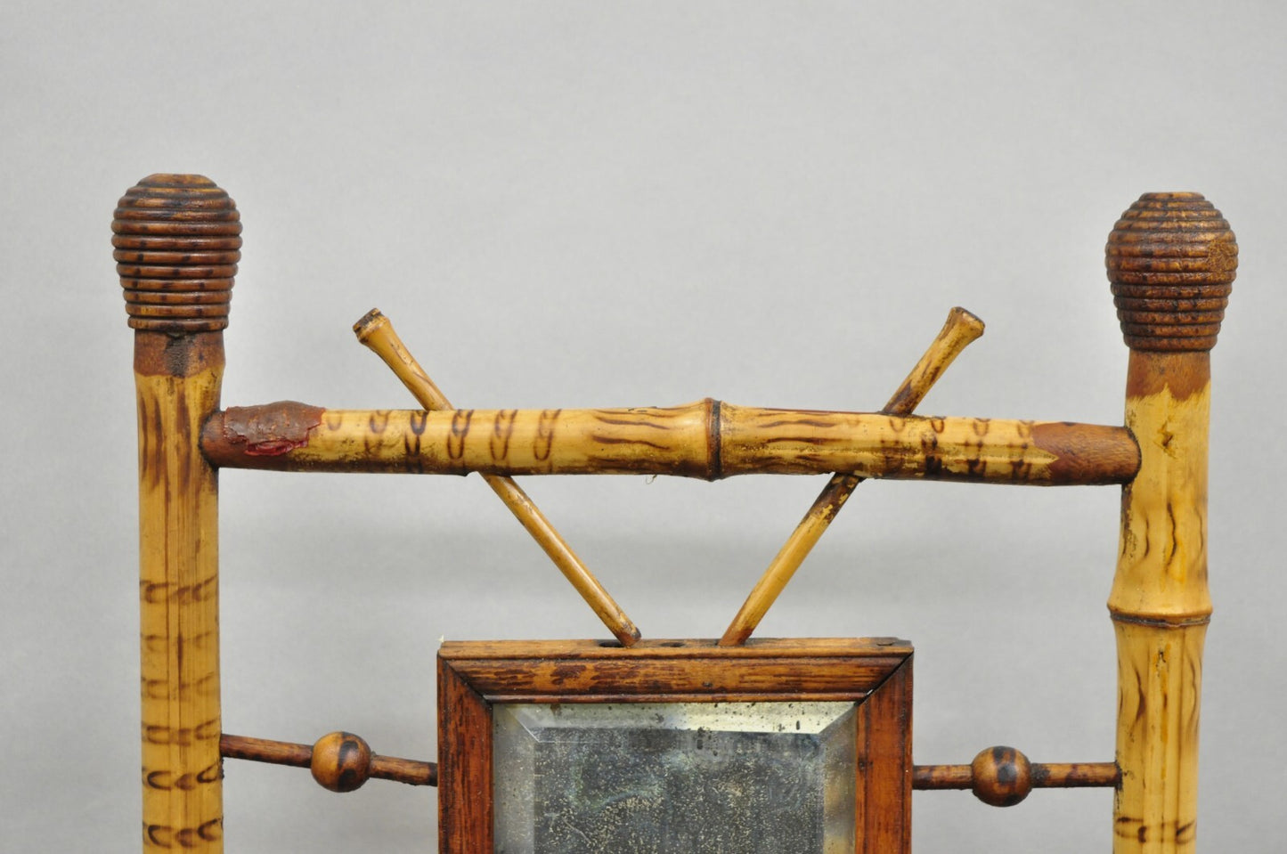 Antique English Victorian Stick and Ball Burnt Bamboo Curio Etagere Shelf Mirror