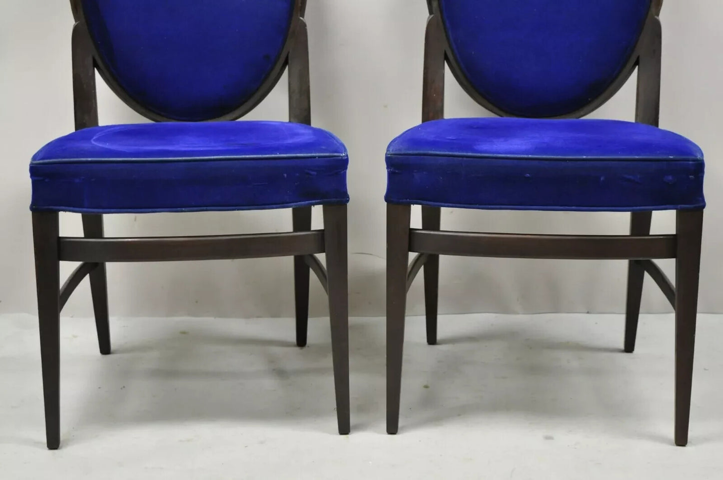 French Art Deco Oval Upholstered Back Mahogany Frame Blue Dining Chairs - a Pair
