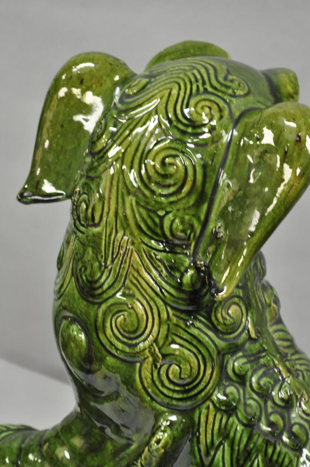 Vintage Chinoiserie Green Majolica Glazed Ceramic 22" Chinese Foo Dog Statue