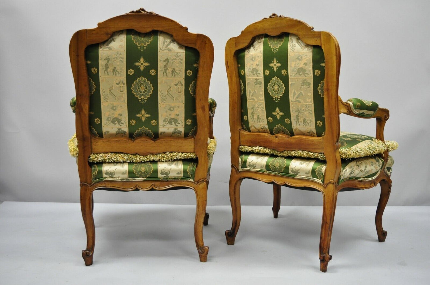 Antique French Louis XV Style Green & Gold Walnut Fauteuil Arm Chairs - a Pair