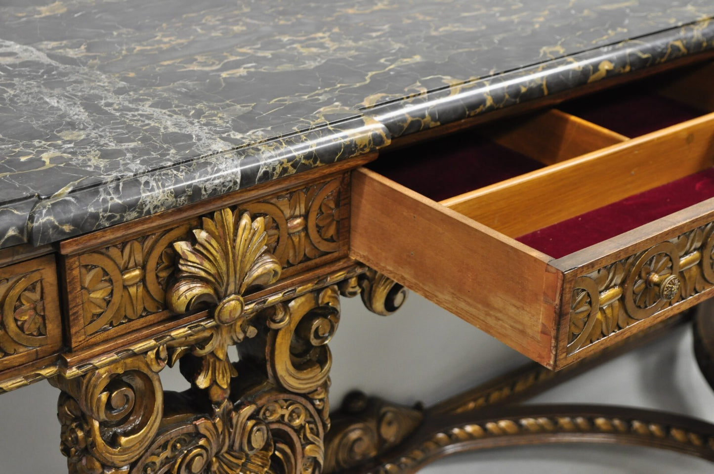 Antique French Baroque Rococo Carved Walnut Marble Top Sideboard Buffet w Drawer