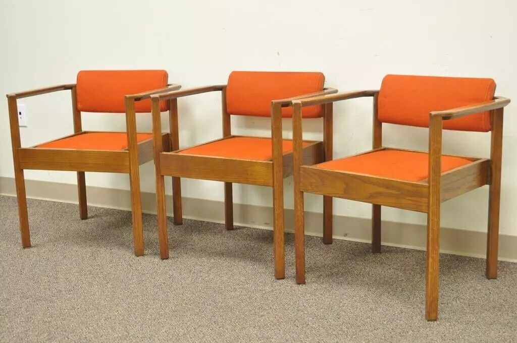 Vintage Kimball Mid Century Modern Oak Stacking Dining Arm Chairs - Set of 3