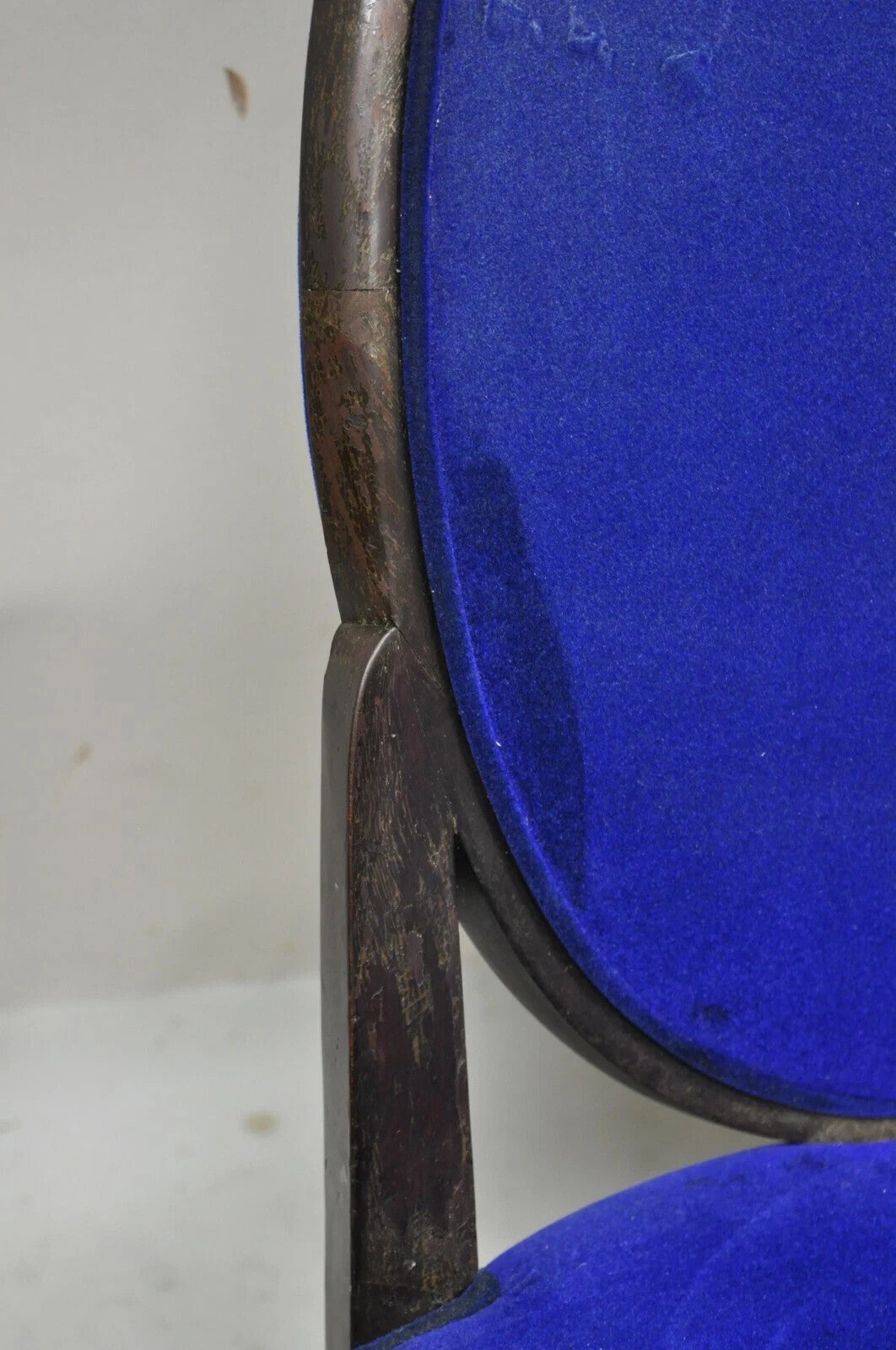 French Art Deco Oval Upholstered Back Mahogany Frame Blue Dining Chairs - a Pair