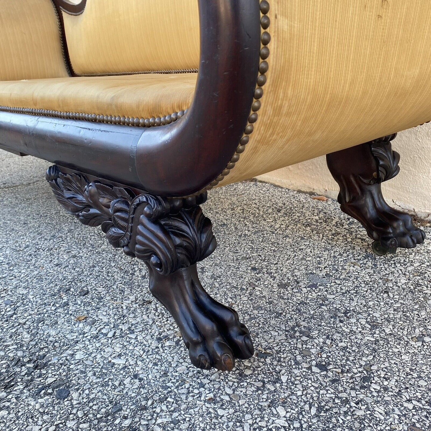 Antique American Empire Classical Carved Mahogany Paw Foot Rolled Arm Sofa
