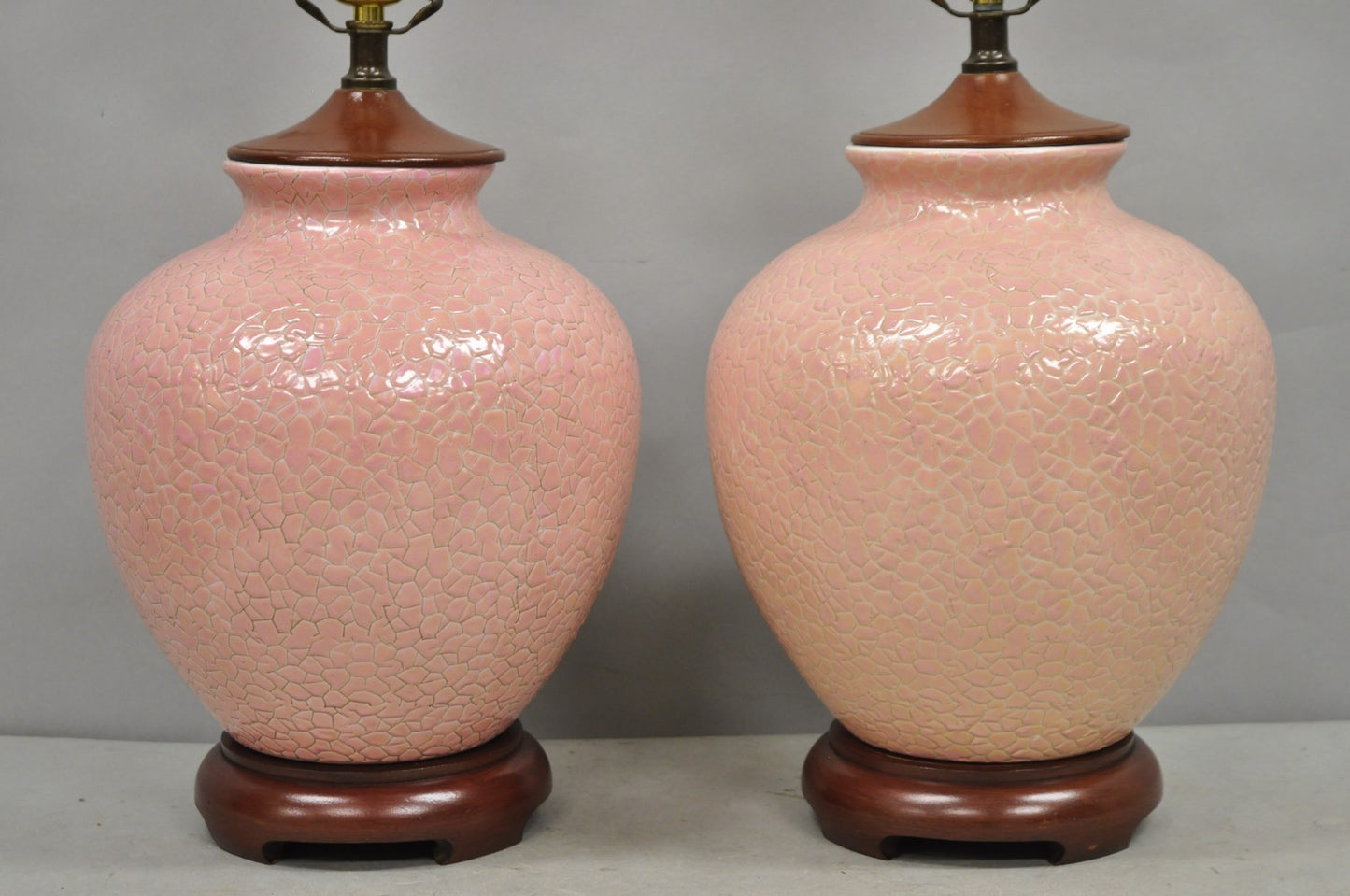 Vintage Chinoiserie Pink Porcelain Chinese Ginger Jar Table Lamps - a Pair