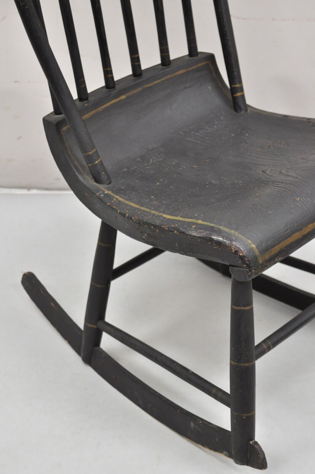 Antique Colonial Stencil Back Black Painted Plank Bottom Rocker Rocking Chair