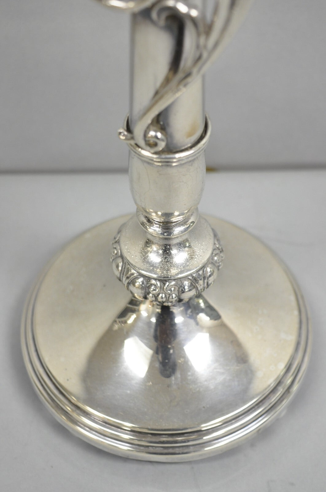 Antique French Art Nouveau Silver Plated Scrollwork Column Small Table Lamp