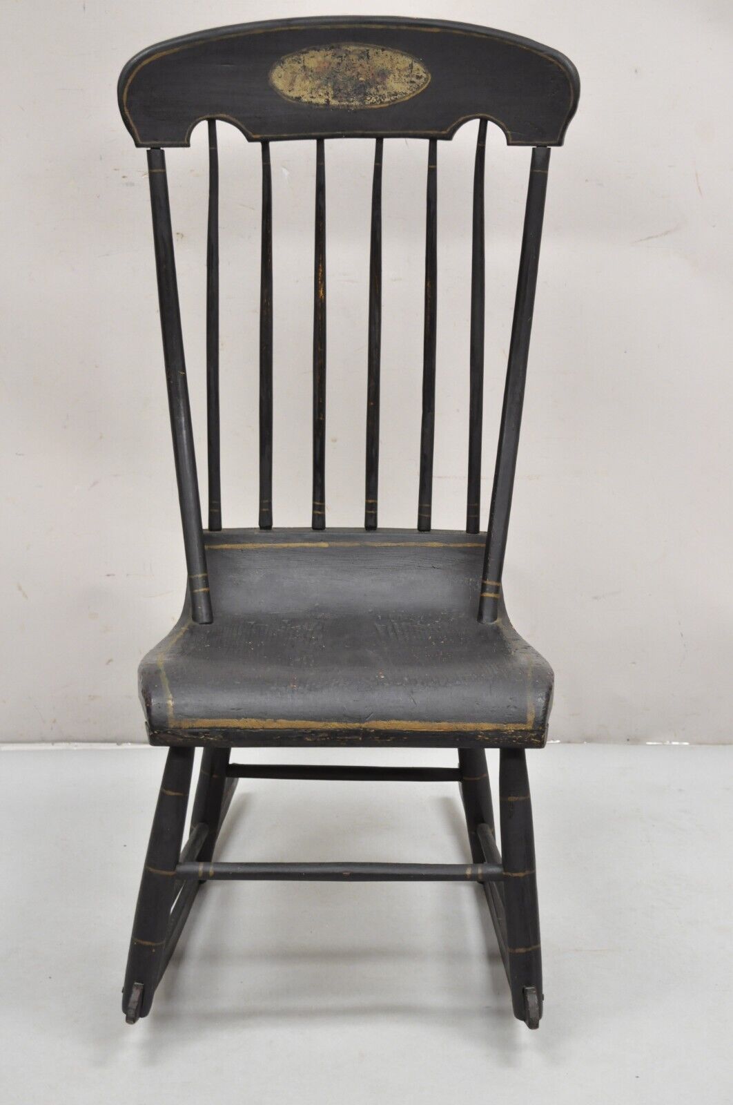 Antique Colonial Stencil Back Black Painted Plank Bottom Rocker Rocking Chair