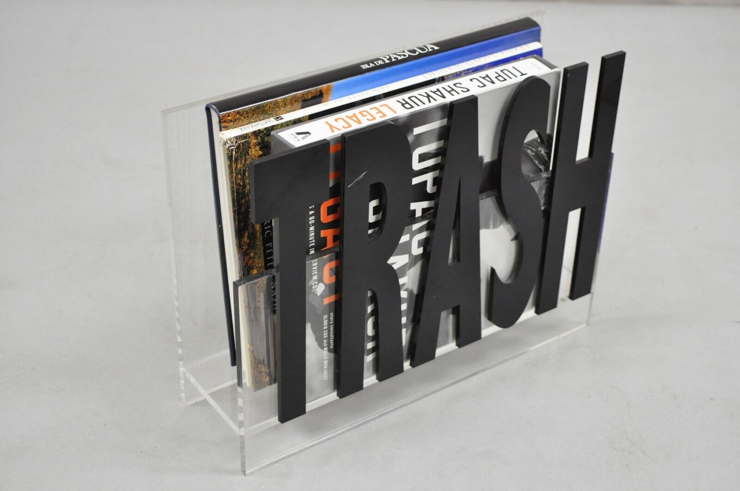 Vintage Mid Century Modern Pop Art "Trash" Lucite Acrylic Magazine Rack Stand