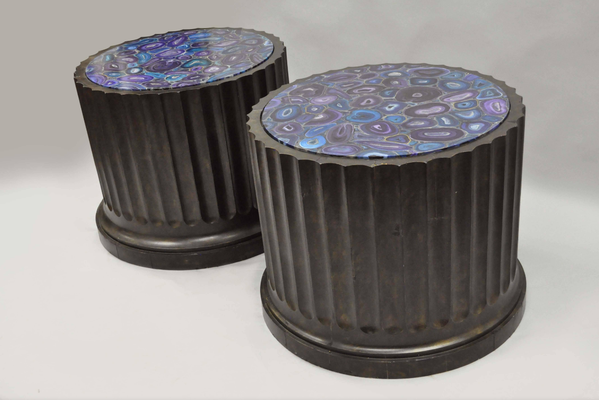 Large Pair Custom Fluted Column Pedestal Stand Painted Faux Purple Malachite Top