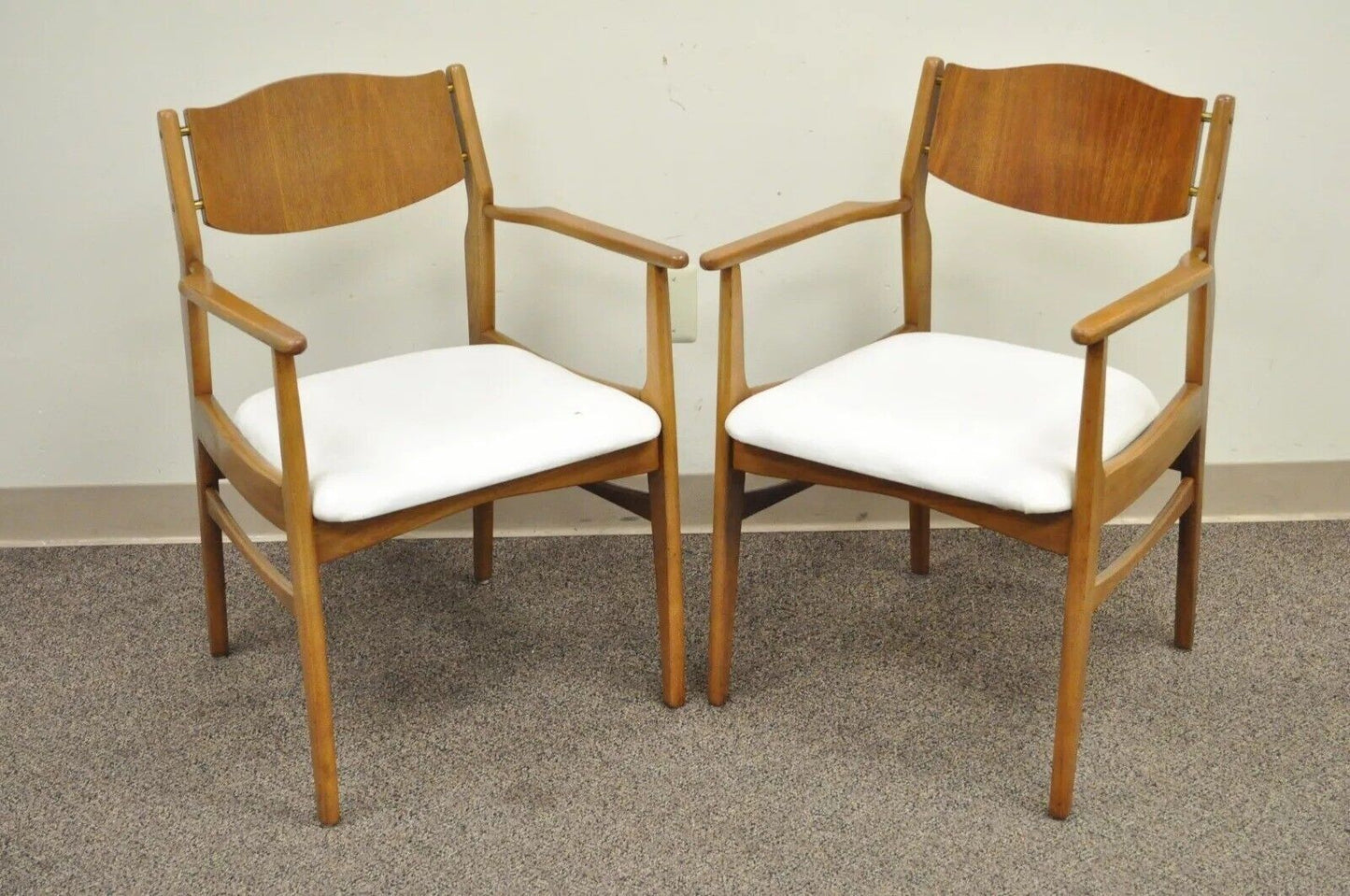 Young Mfg Mid Century Danish Modern Walnut Teak Curved Dining Arm Chairs - Pair