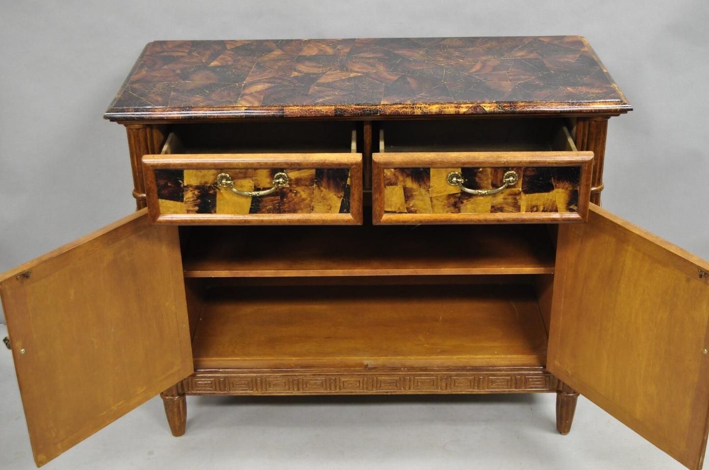 Chinese Chippendale Faux Bamboo Rattan Tortoiseshell Server Buffet Bar Cabinet