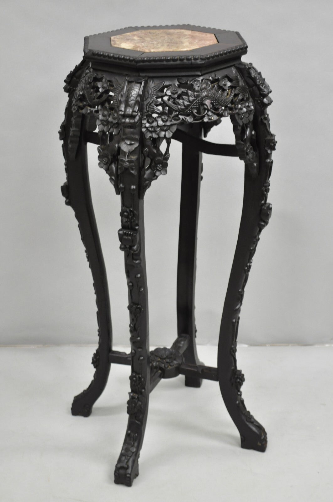 Antique Chinoiserie Chinese Carved Hardwood Marble Top 36" Pedestal Plant Stand