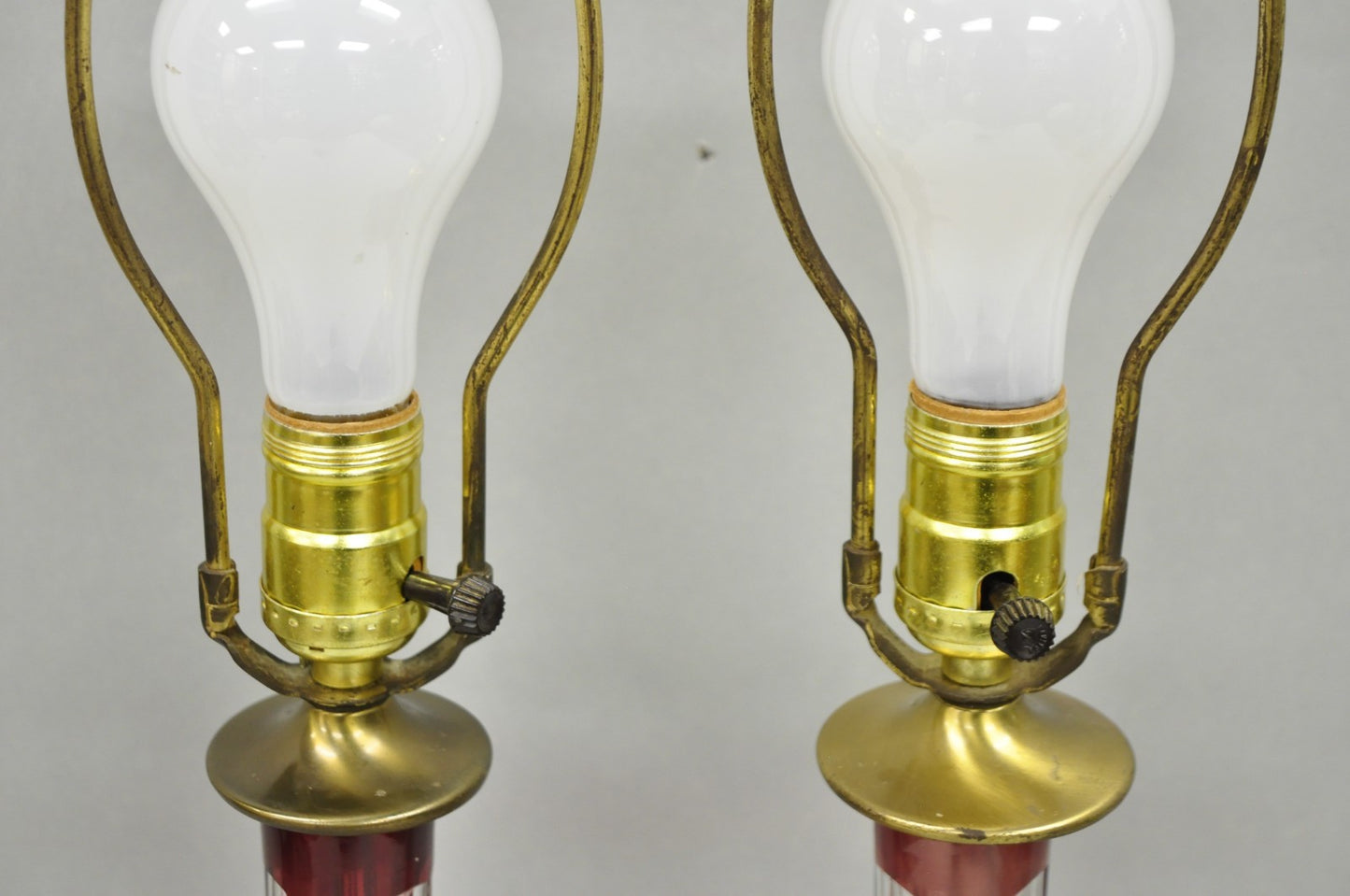 Antique Bohemian Cranberry Ruby Red Cut to Clear Glass Table Lamps - a Pair