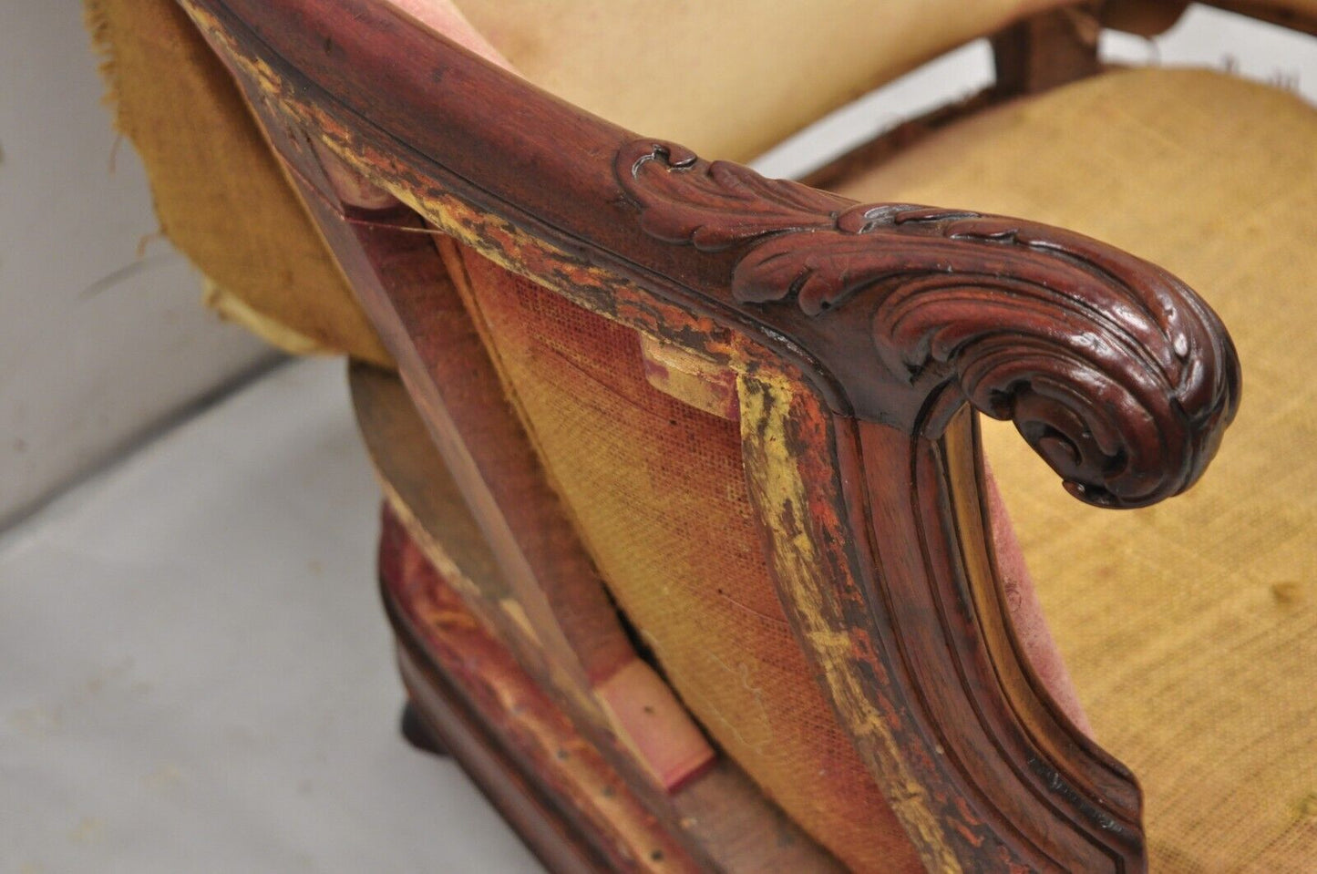 Antique French Art Nouveau Carved Mahogany Bergere Club Lounge Arm Chair