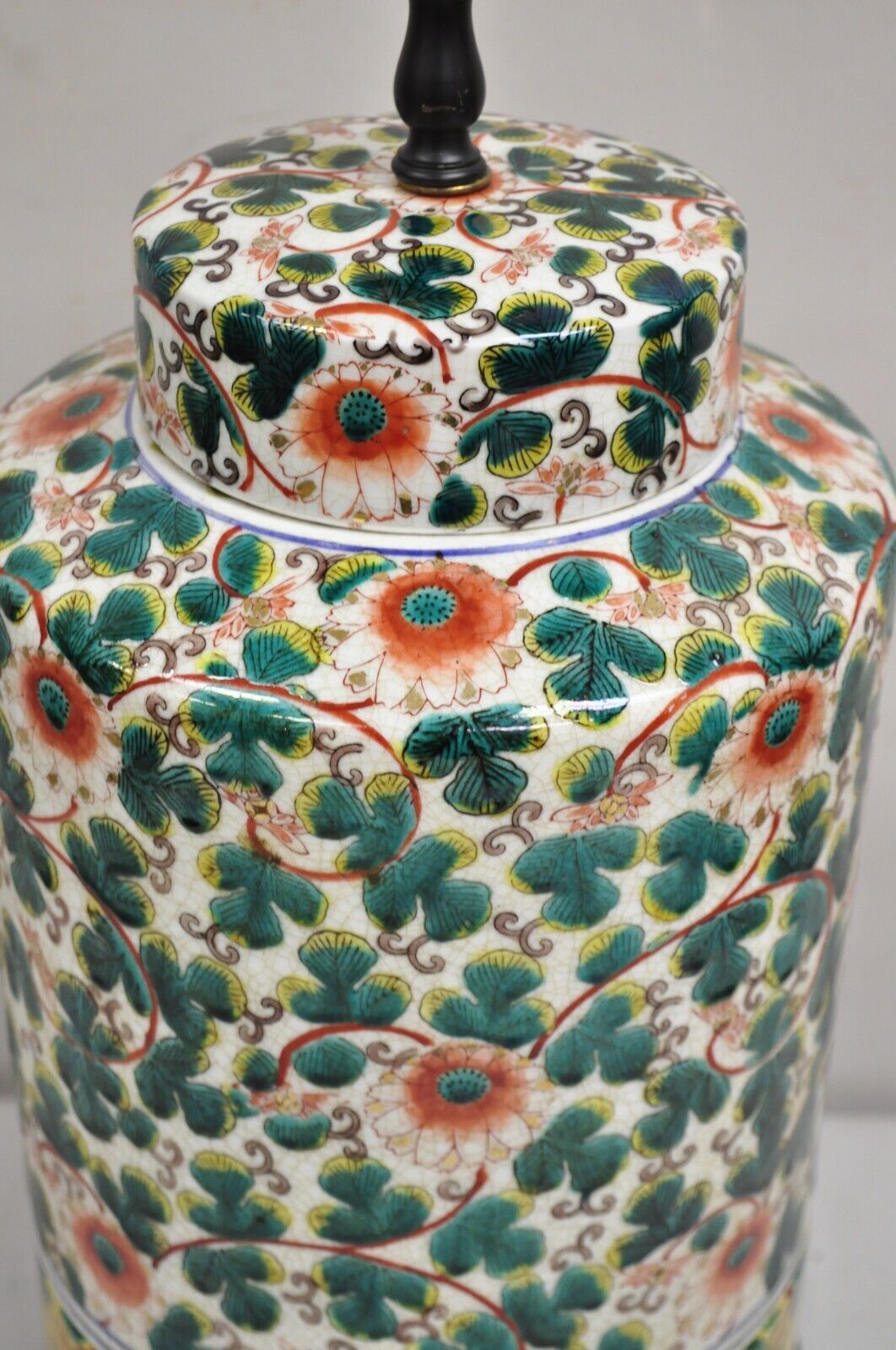 Vintage Chinoiserie Chinese Ginger Jar Green Flower Painted Oriental Table Lamp