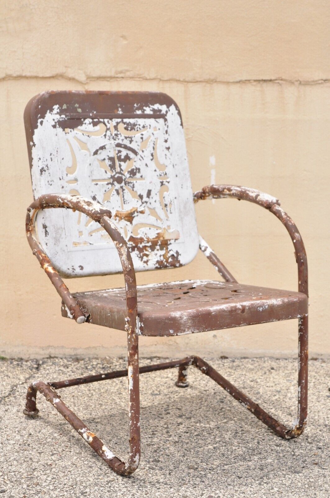 Antique Art Deco Basketweave Brown Distress Paint Bouncer Garden Lounge Chair