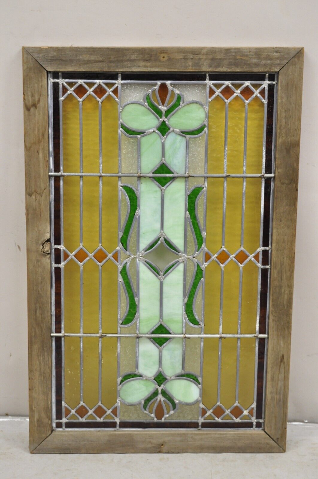 Antique Victorian Leaded Stained Glass Green Amber Tortoise Window in Wood Frame