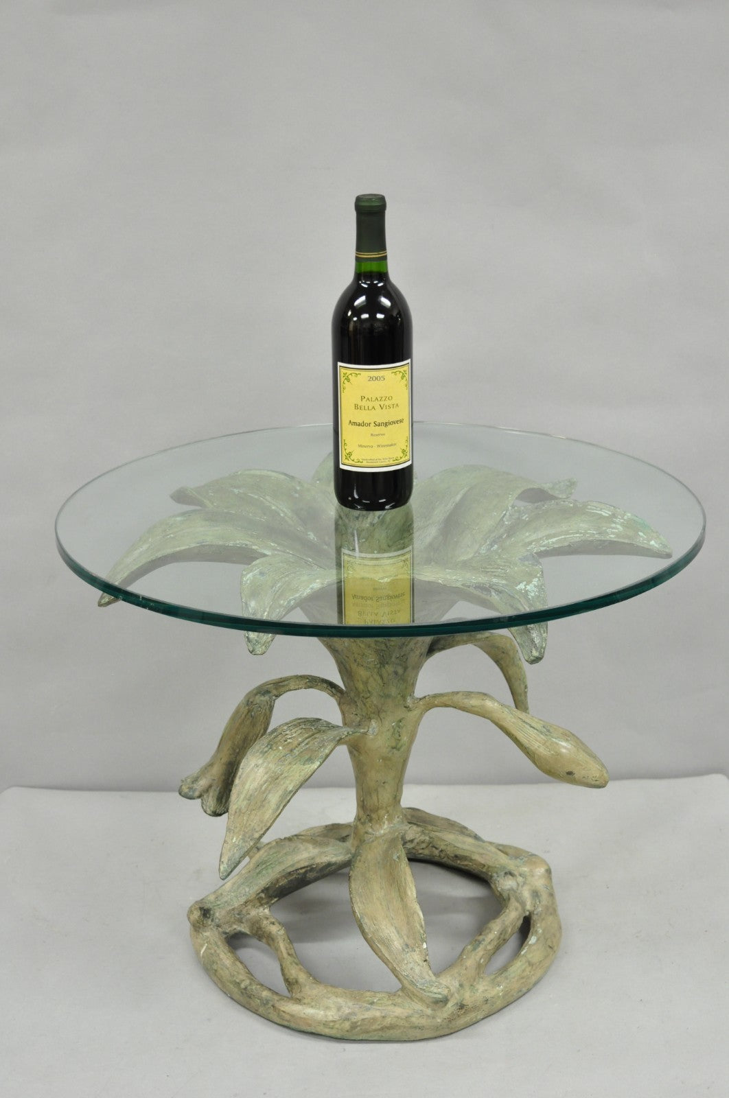 Vintage Arthur Court Green Verdigris Gilt Bronze & Glass Lily Flower Side Table