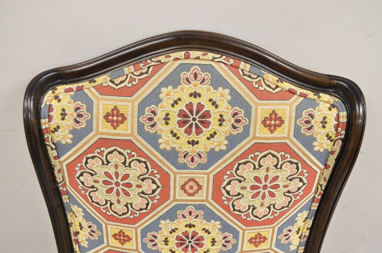 French Country Provincial Style Carved Walnut High Back Blue & Red Lounge Chair