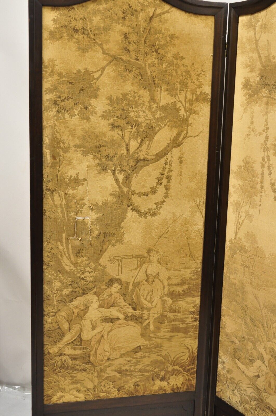 Antique Victorian French Tapestry Mahogany Frame 3 Panel Screen Room Divider
