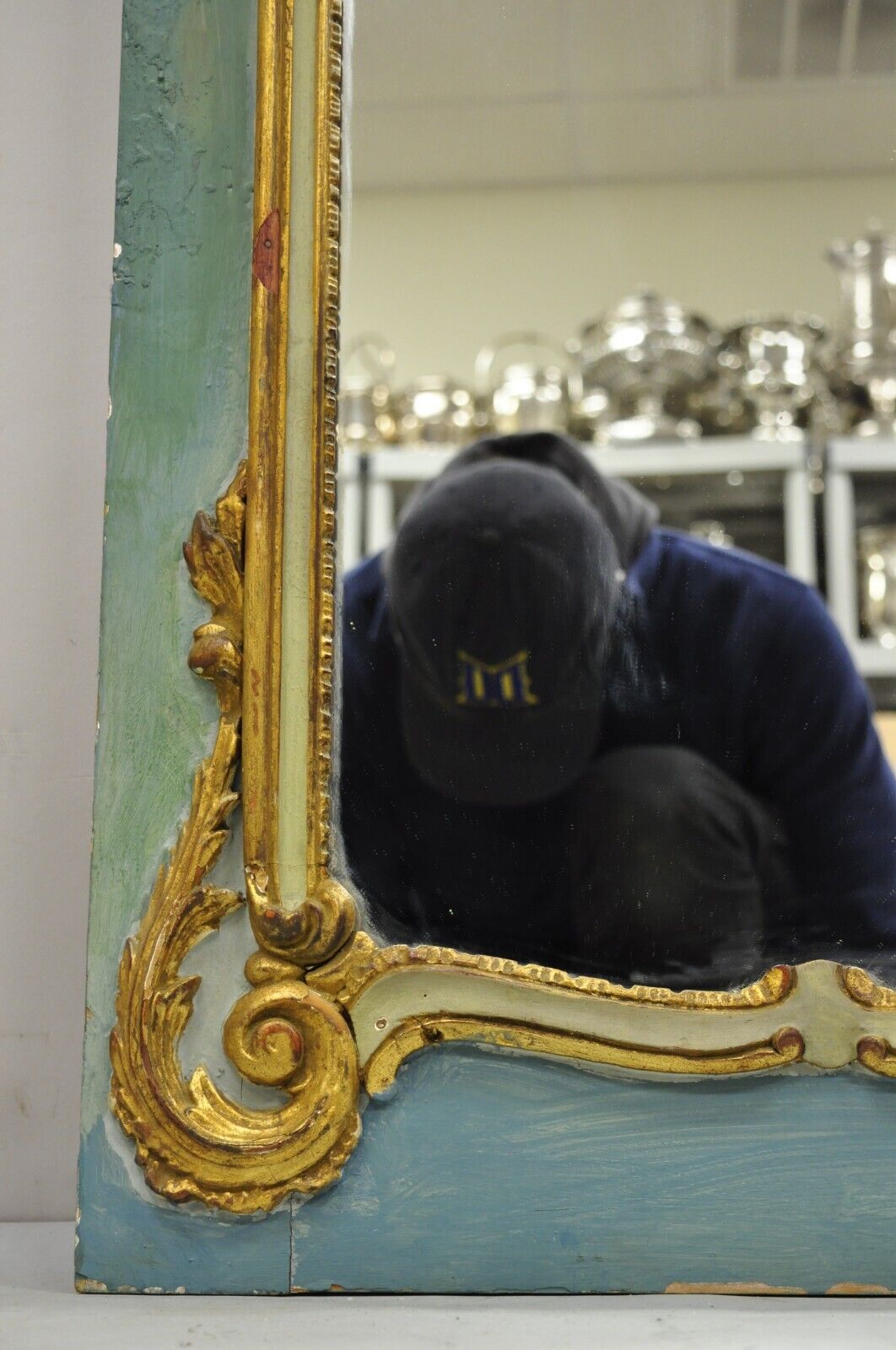 Antique French Louis XV Style Floral Bouquet Blue Distress Painted Wall Mirror
