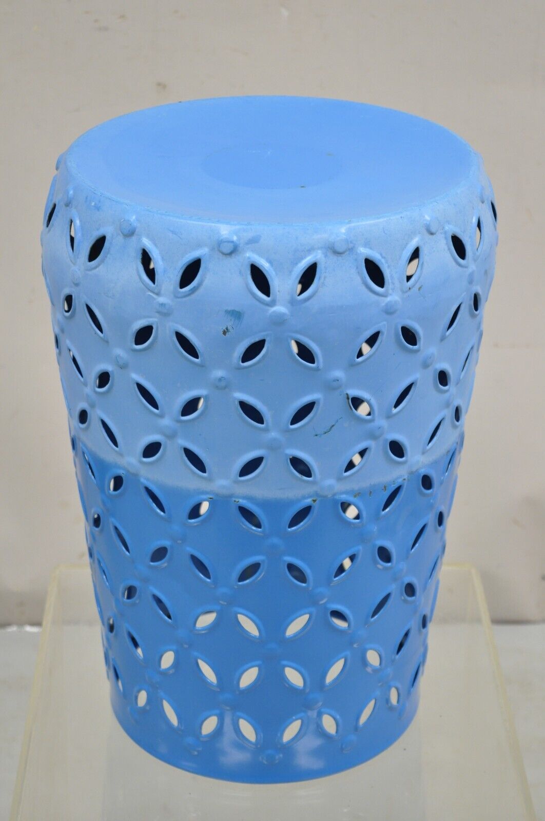 Modern Aqua Blue Metal Lace Cut Round Drum Garden Seat Side Table Stool