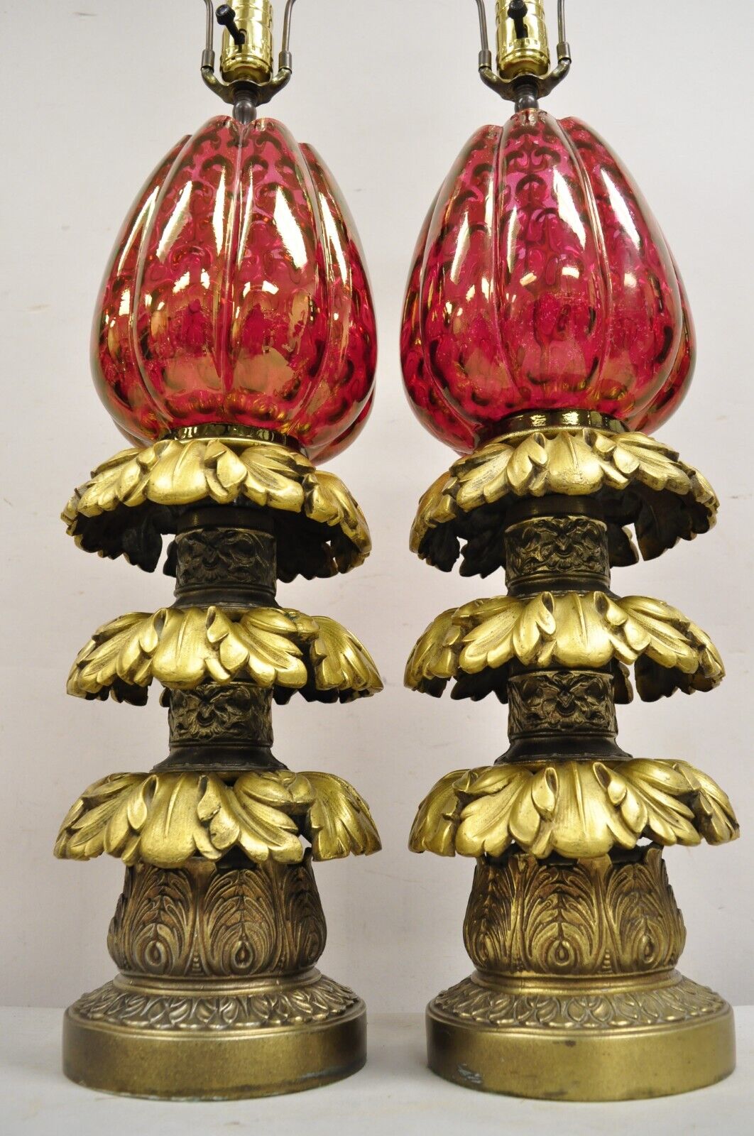 French Hollywood Regency Bronze Leafy Plume & Cranberry Glass Table Lamp - Pair