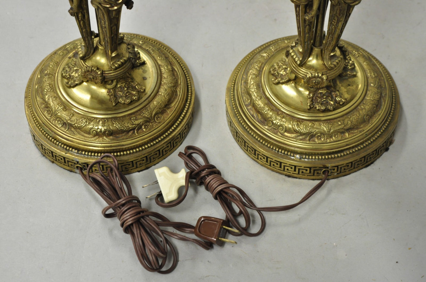 French Renaissance Brass Figural Maiden Base Red Bohemian Glass Table Lamps Pair