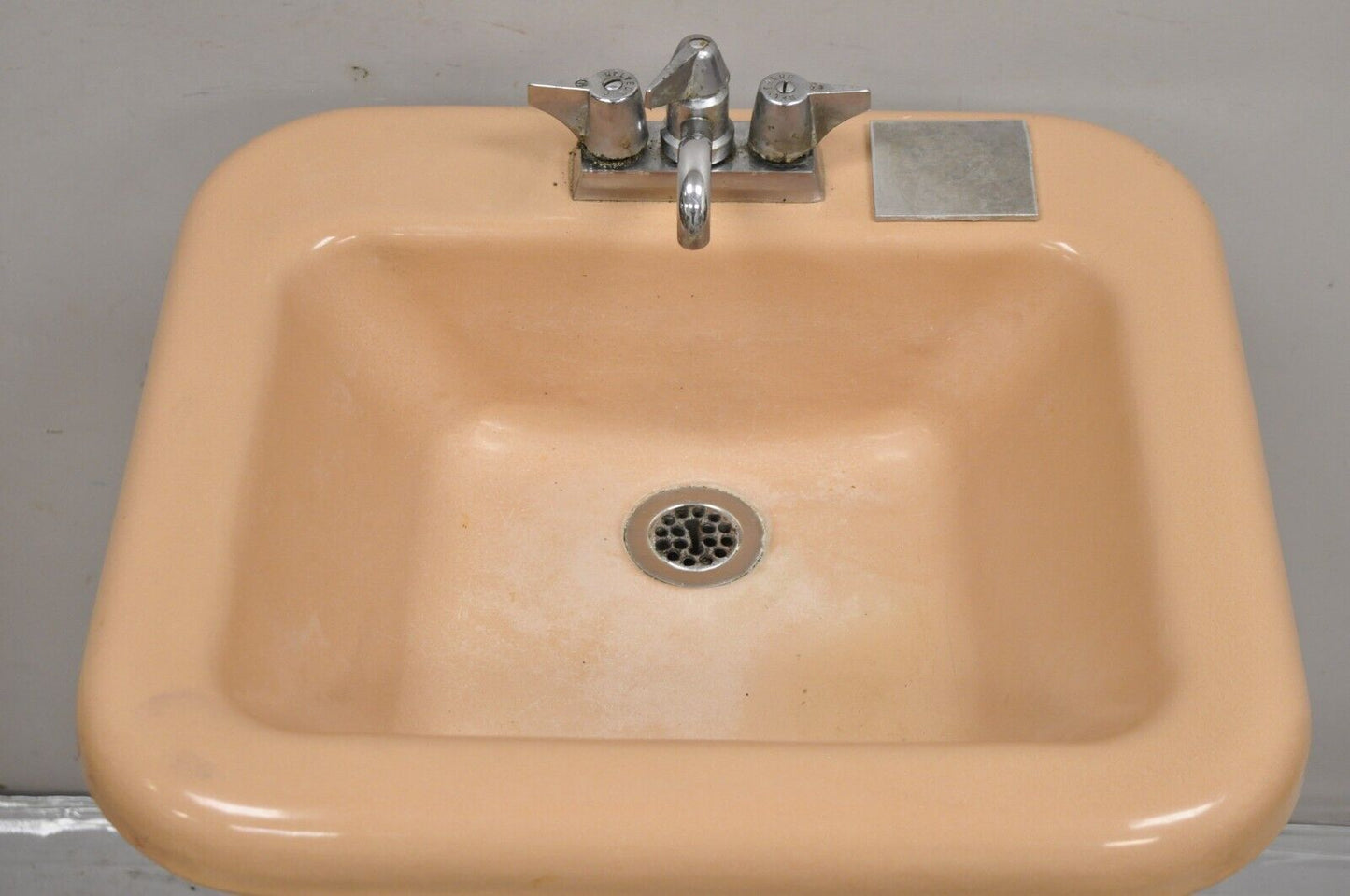 Vintage Mid Century Porcelain Enamel Salmon Pink Bathroom Pedestal Sink