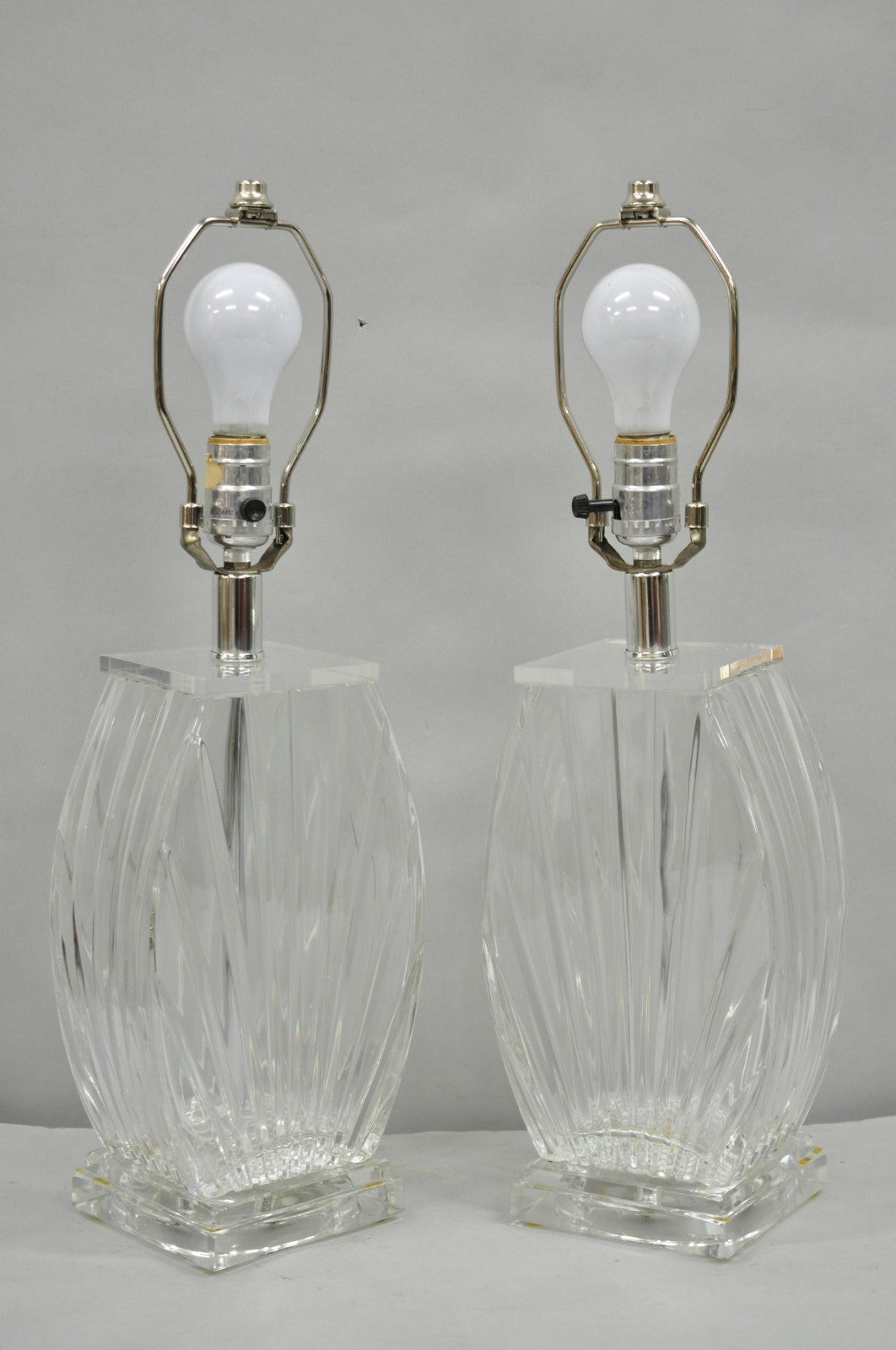 Vintage Mid Century Modern Crysal Glass & Acrylic "Fan" Table Lamps - a Pair