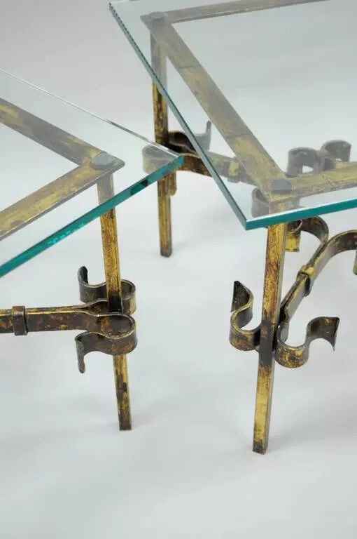 Vintage Spanish Hollywood Regency Gold Gilt Iron Square Glass End Tables - Pair