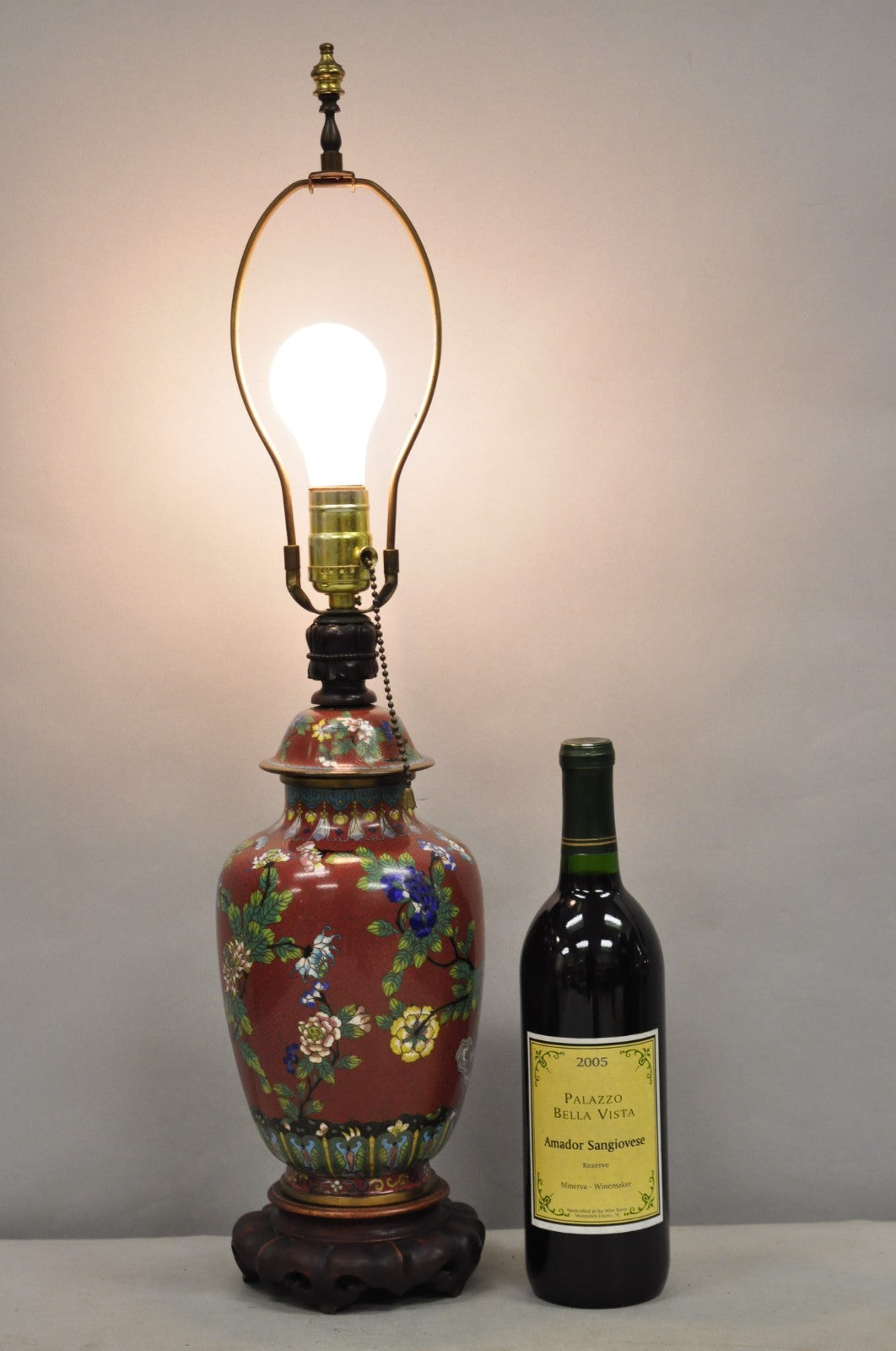 Vintage Chinese Porcelain Enamel Bronze Red Cloisonne Champleve Vase Table Lamp