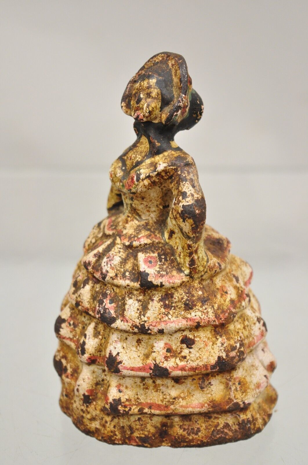 Antique Victorian Cast Iron Figural Painted Small Hoop Skirt Girl Door Stop