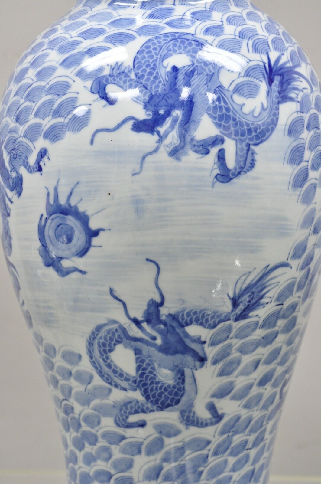 Vintage Blue and White Delf Style Porcelain Chinese Export 25" Tall Dragon Vase