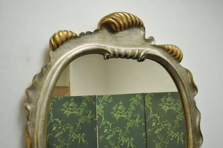 Italian Hollywood Regency Gold and Silver Giltwood Scroll Carved Wall Mirror