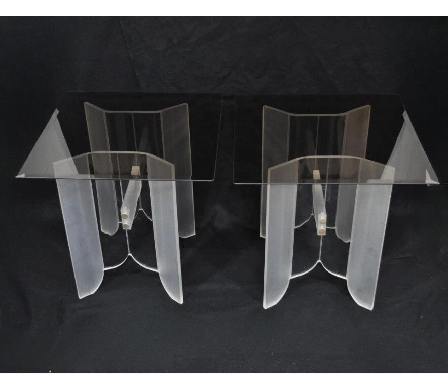 Vintage Mid Century Modern Frosted Lucite & Glass Butterfly End Tables - a Pair