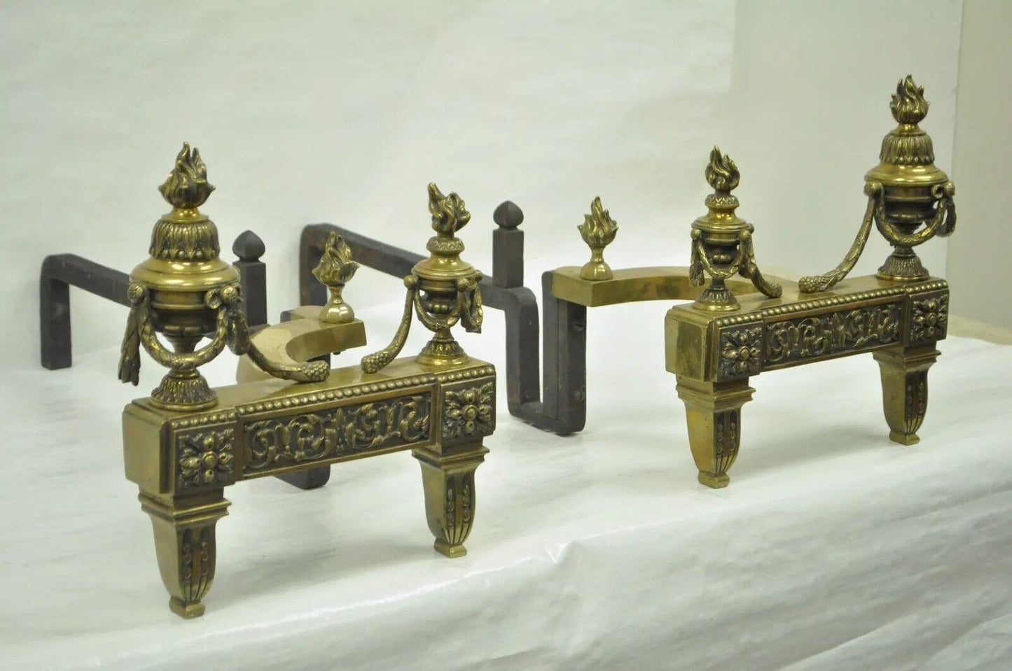 Antique French Louis XVI Style Urn Flame Brass Bronze Ormolu Andirons - a Pair