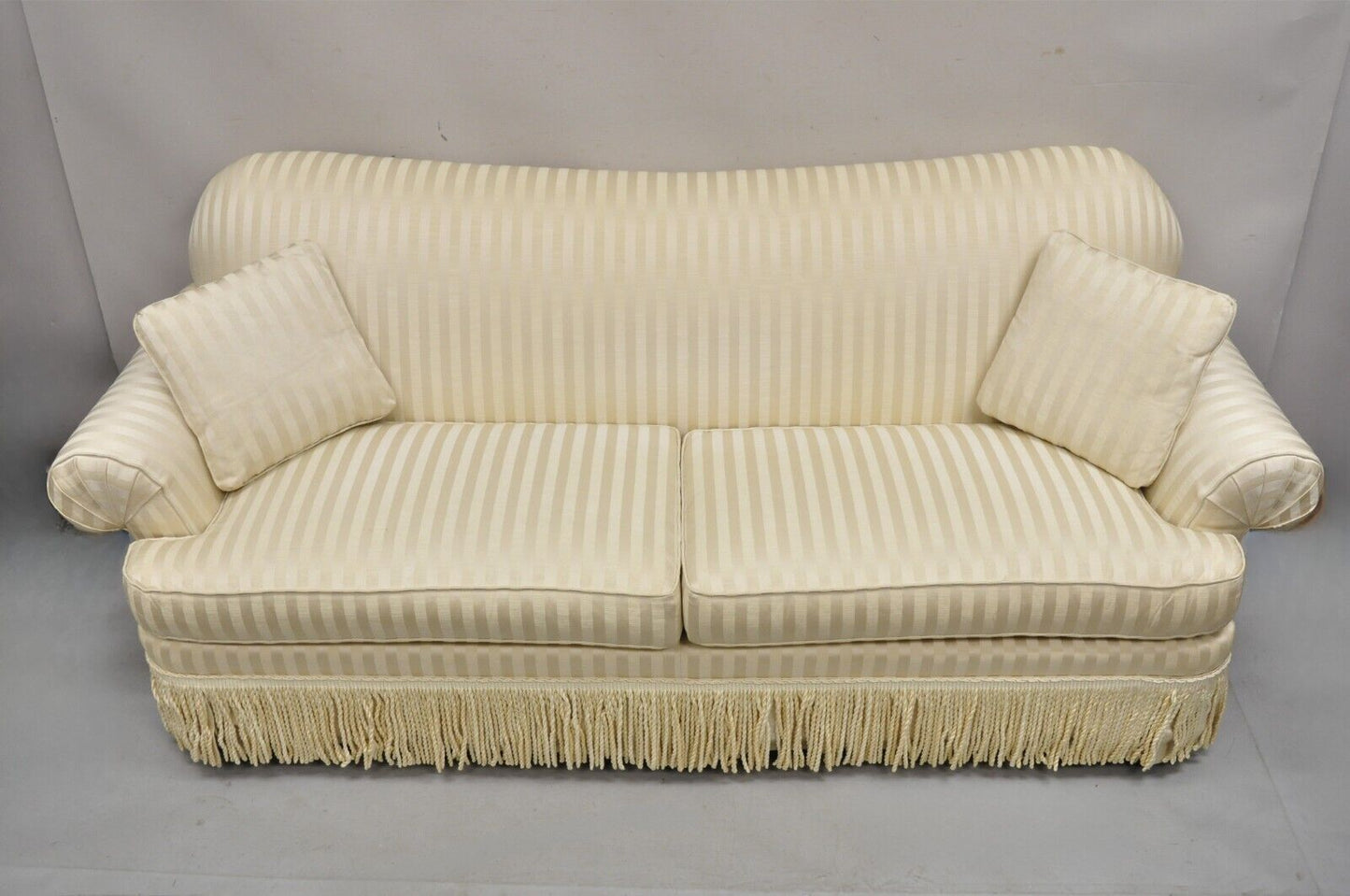 Ethan Allen Contemporary Rolled Arm Gold Striped Upholstered Sofa with Skirt