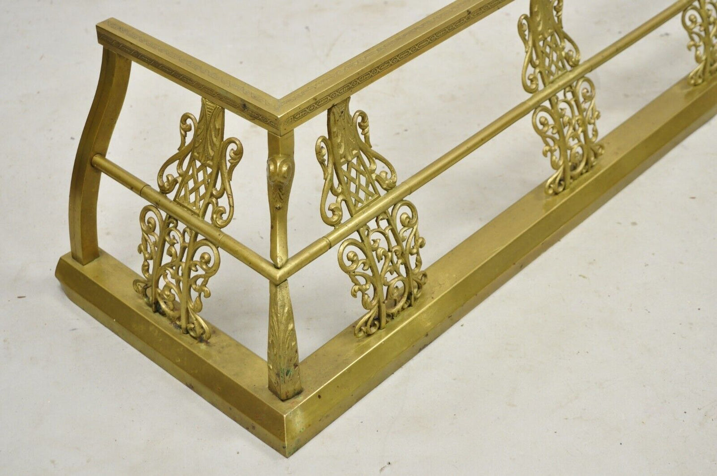 Antique 58" Victorian Brass Scroll Accented Fireplace Hearth Fender Surround