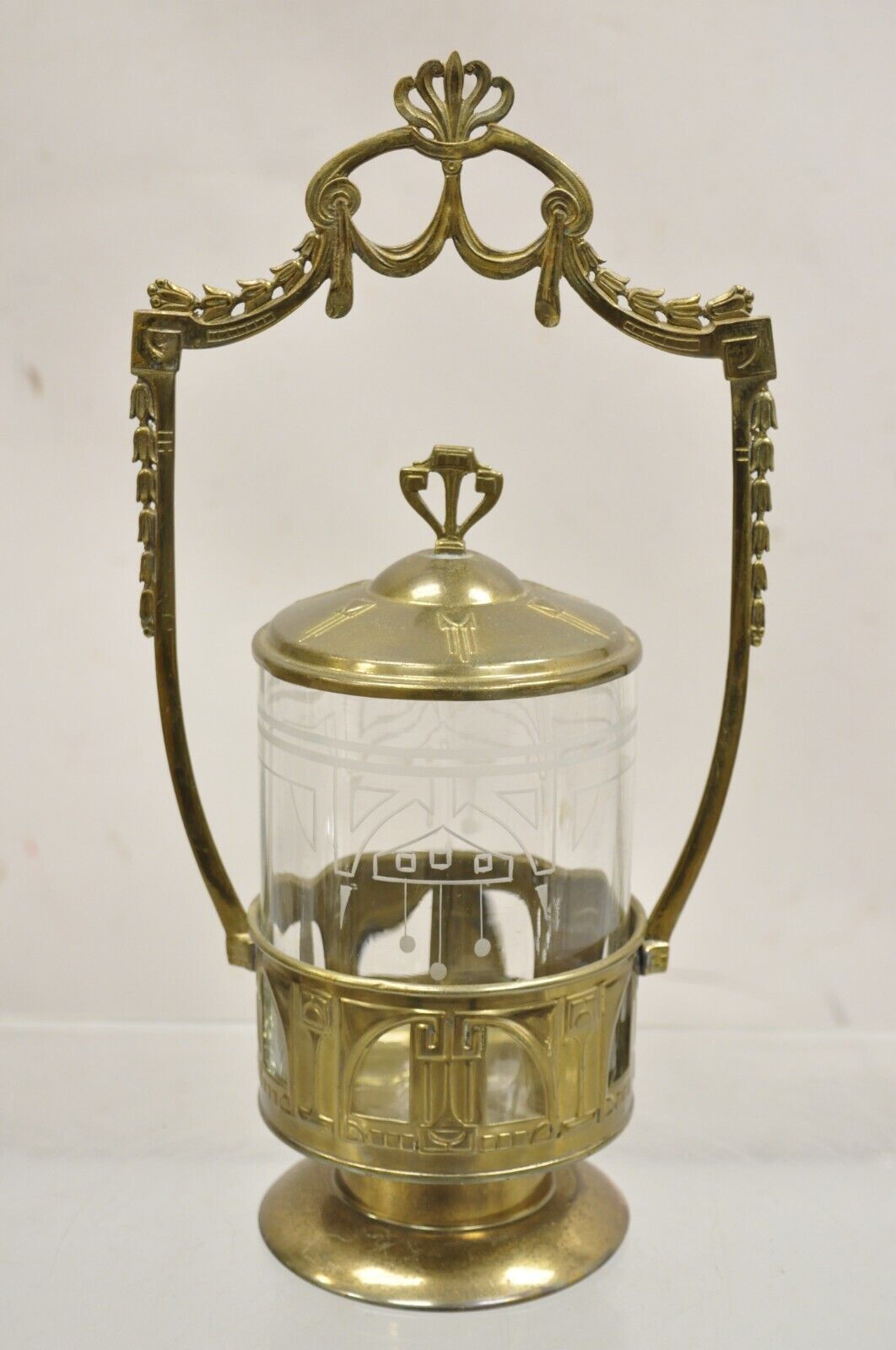 Antique German Art Nouveau Brass Metal Pickle Castor w/ Etched Glass Insert