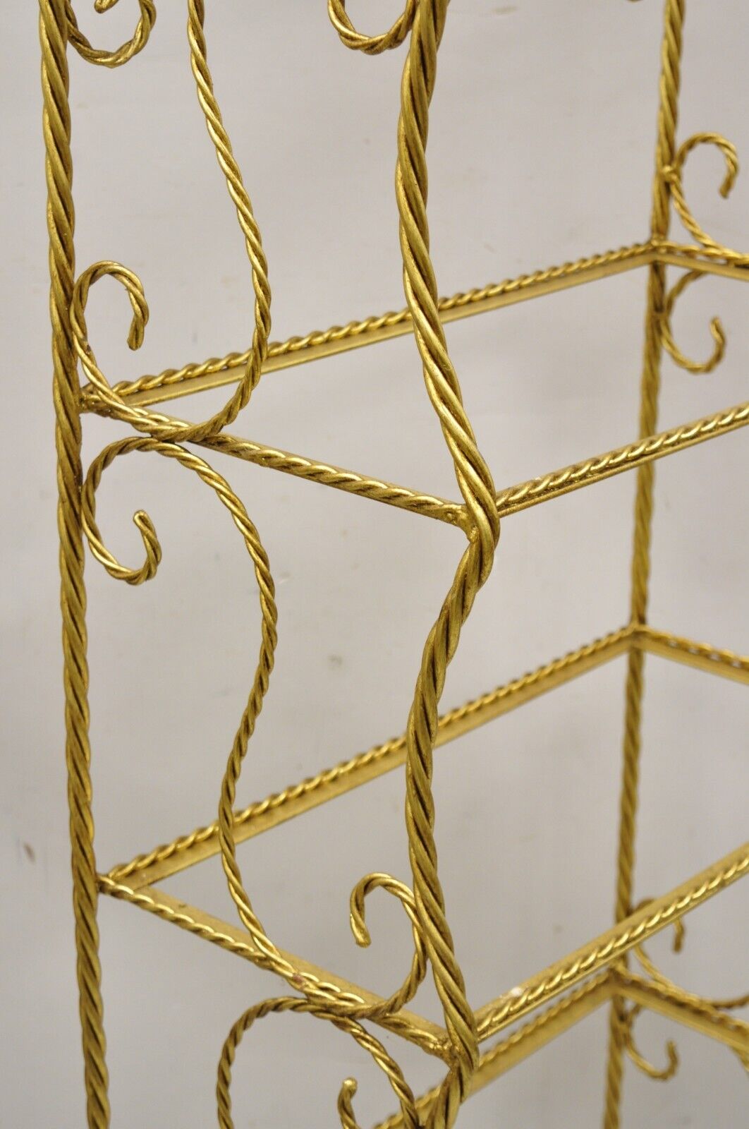 Italian Hollywood Regency Gold Gilt Iron 5 Tier Rope Tassel Narrow Etagere Stand