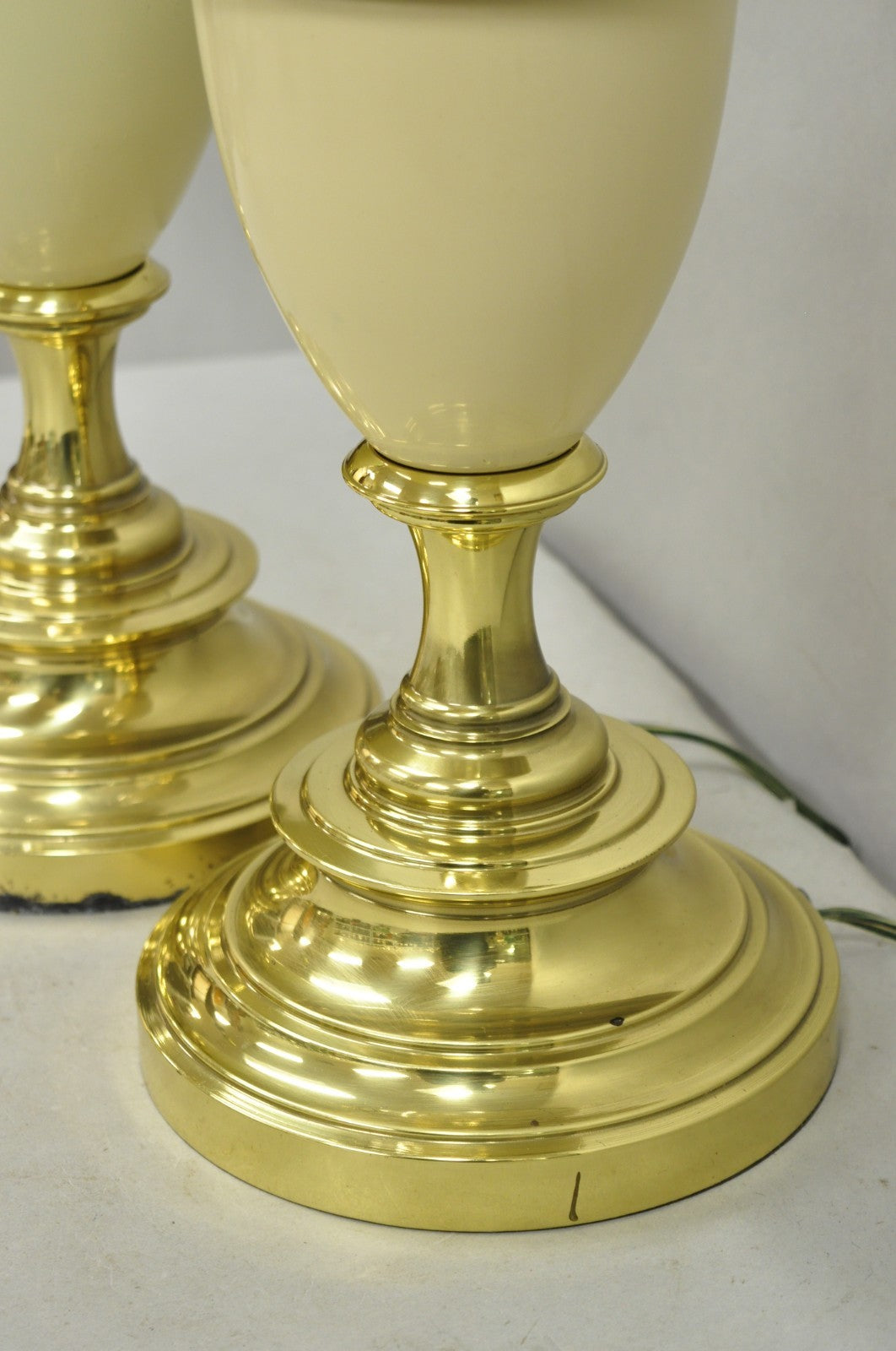 Vintage Stiffel Hollywood Regency Cream Enamel Brass Urn Table Lamps - a Pair